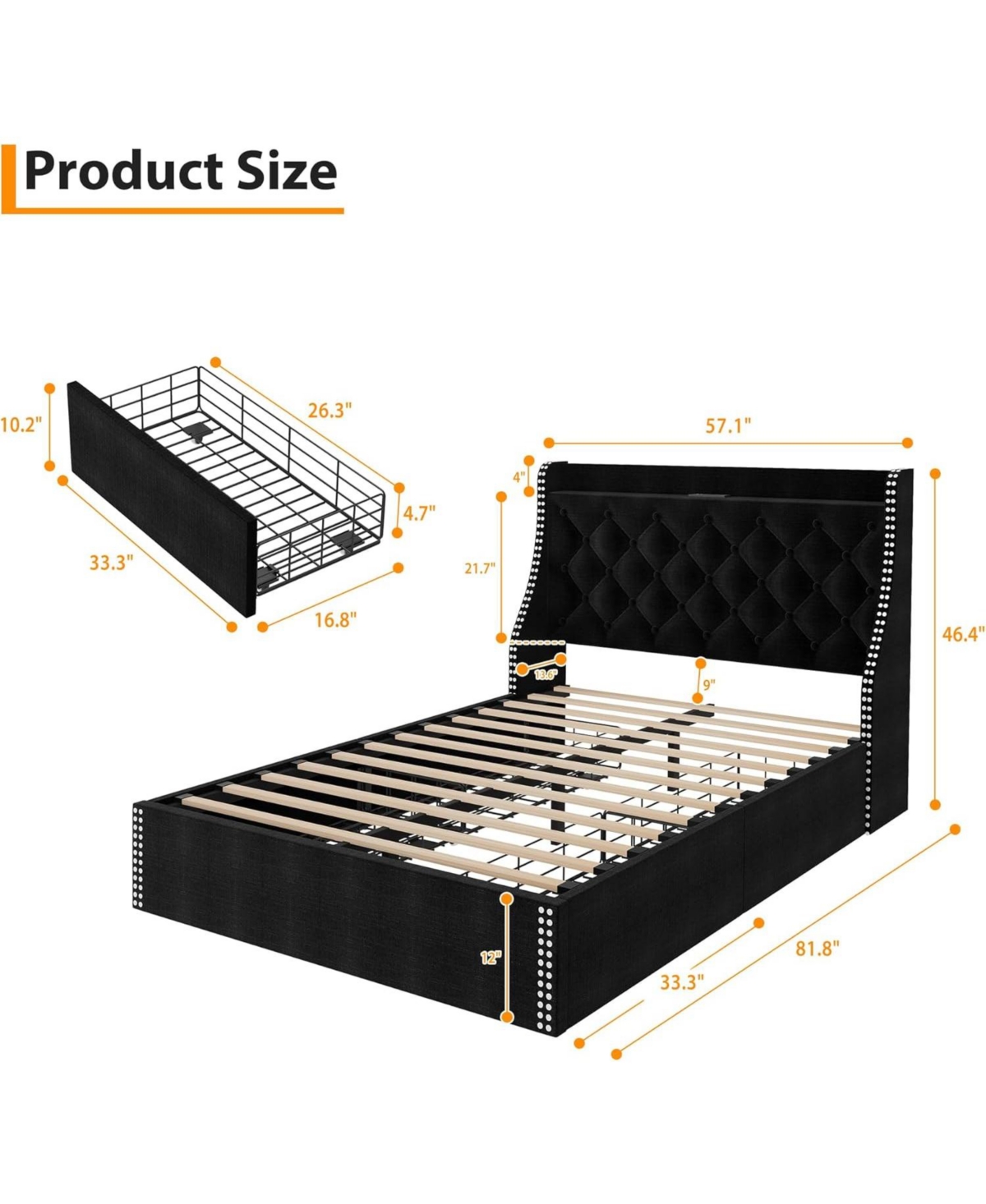 gaomon Wingback Headboard 4-Drawer Velvet Upholstered Platform Bed Frame with Charging Station