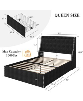 Wingback Headboard 4-Drawer Velvet Upholstered Platform Bed Frame with Charging Station