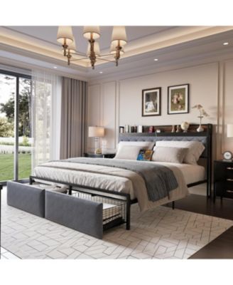 LED Bed Frame with Headboard Upholstered Platform Bed with Charge Station and Storage Drawers Heavy Duty Metal Slats No Box Spring Needed