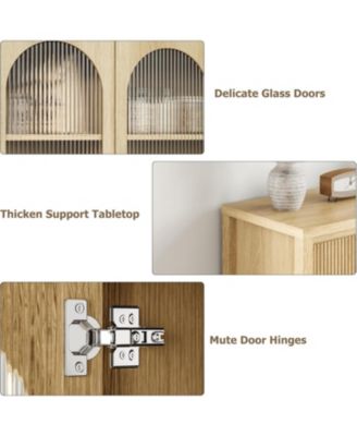 55" Large Sideboard Buffet Cabinet with Storage, 4 Glass Doors & Fluted Drawer Fronts, Beige/Khaki