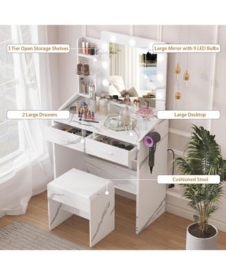 Vanity Desk with Mirror and Lights, Makeup Vanity with Power Outlet, White