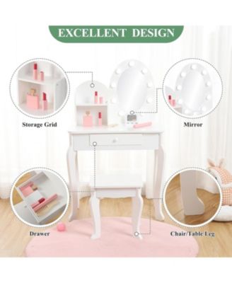 Kids Vanity Set with Light, Girls Vanity with Mirror, Stool and Drawer, White