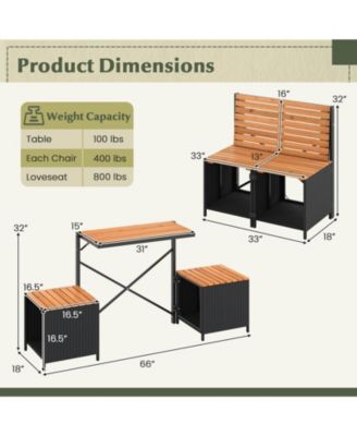 2-in-1 Outdoor Convertible Bench with Metal Frame PE Rattan Table and Chairs Set
