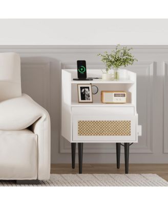 Nightstand Set of 2, Rattan End Table with Charging Station, 2 Open Shelves Beside Table with Drawer and Solid Legs, White