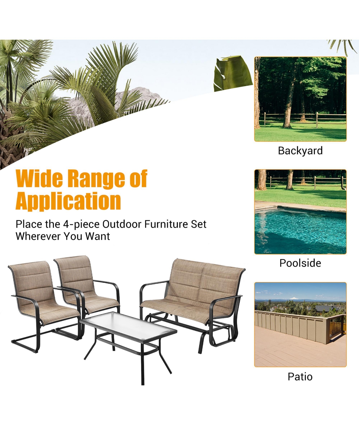 Costway 4 Pcs Outdoor Patio Furniture Set Padded Chairs Glider Loveseat Coffee Table