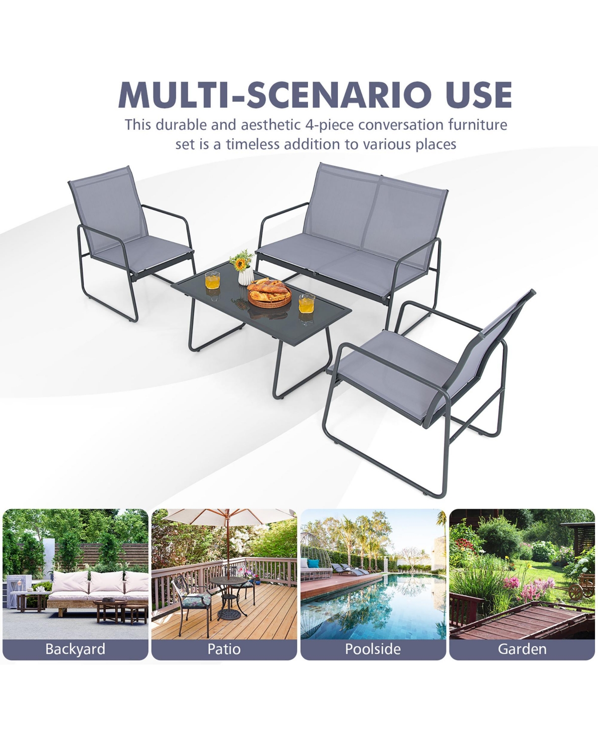 Costway 4-Piece Metal Patio Furniture Chat Set Outdoor Conversation Table Garden