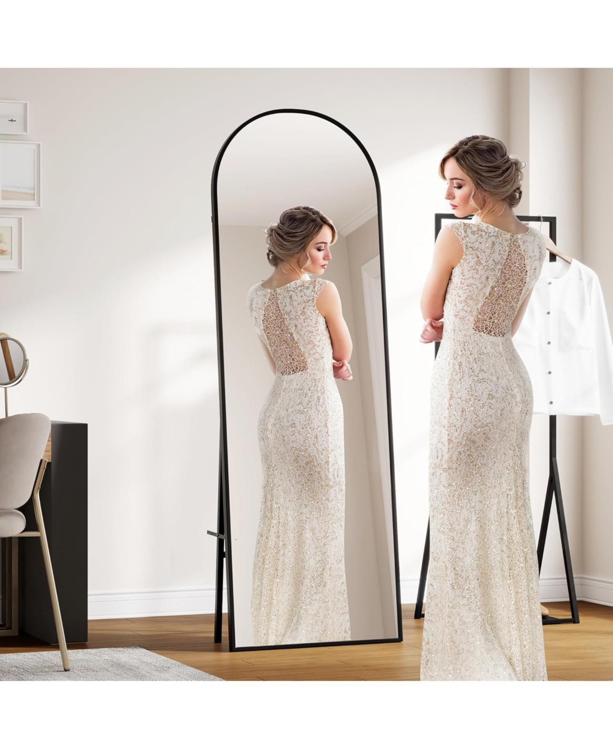 Homfan Arched Full Length Mirror, 65x22 Inches Full Floor Body Mirror, Freestanding Leaning Mirror with Stand