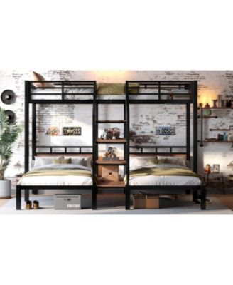 Triple Metal Bunk Bed with Shelves & Stairs