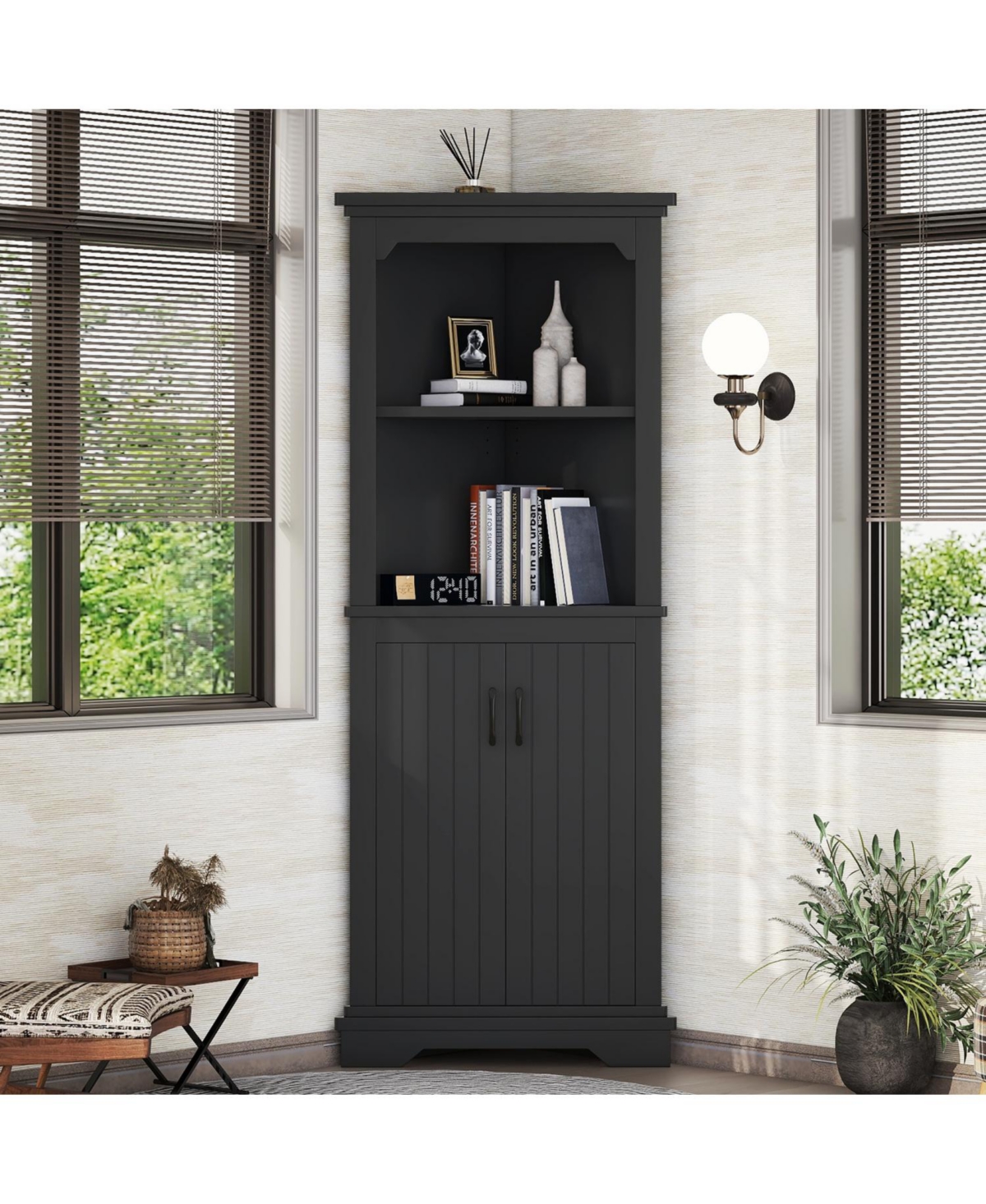 Streamdale Furniture Tall Black Corner Cabinet with Doors