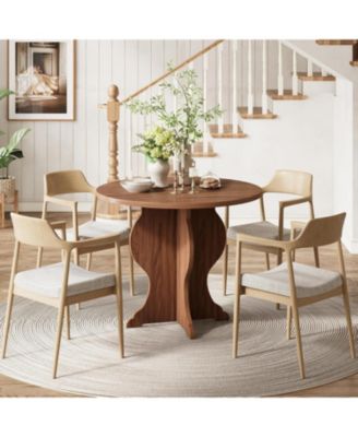 31.5" Round Dining Table for 4, Modern Farmhouse Kitchen Table with Sturdy Base, Dark Brown Circle Table for Dining Room & Living Room