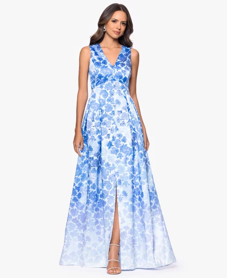 Petite V-Neck A-Line Gown - Blue Multi