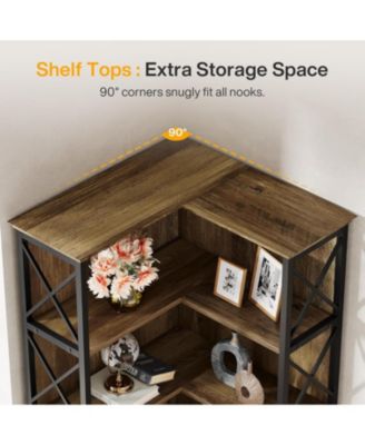 71 Inch Tall Corner Pantry, 5-Tier Industrial Corner Storage Shelf, Wood and Metal L-Shaped Kitchen Cabinet