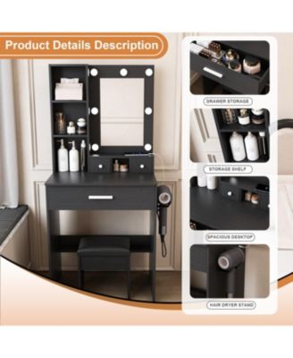 Vanity Table with LED Lights, Power, Hairdryer Holder & Stool - Black