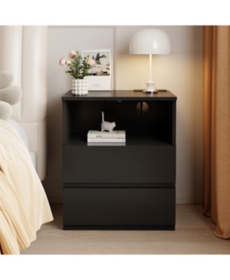 End Table with USB C Charging, 2 Drawers, Storage Cabinet - Black