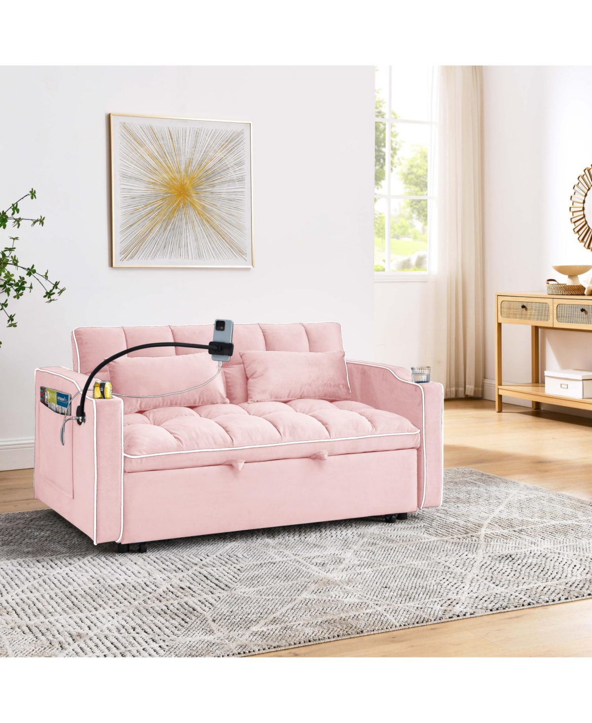 Streamdale Furniture 55" Versatile Foldable Sofa Bed with Usb Port, Ashtray, and Phone Stand