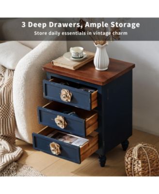 Vintage Farmhouse End Table - 19" Rustic Nightstand, 3 Drawers