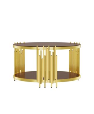 31.5" Modern Gold Coffee Table, Brown Tempered Glass, Stainless Steel Legs