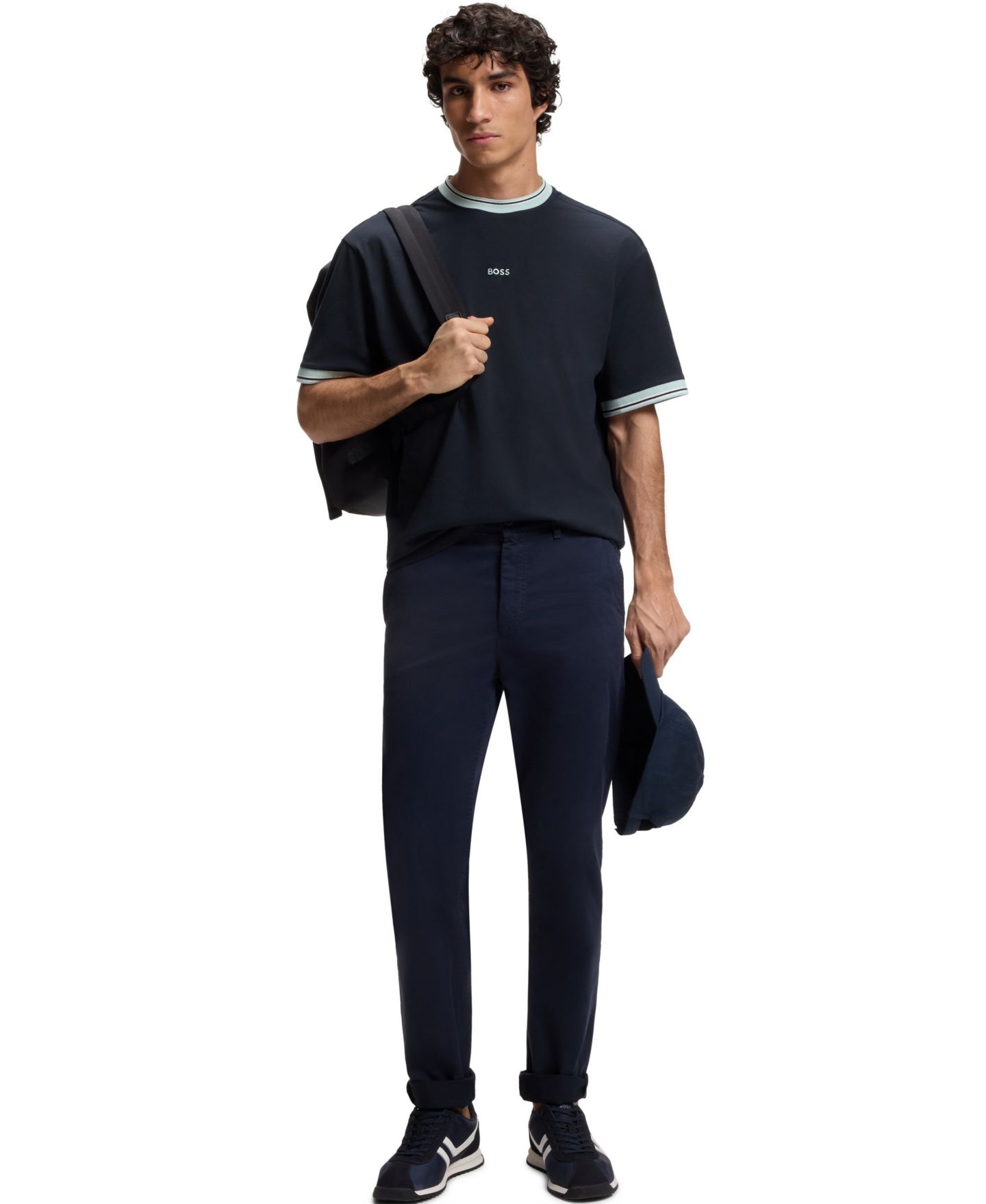 Мужская футболка Hugo Boss Cotton Striped Trim Relaxed-Fit, цвет: Тёмный синий — фото 2