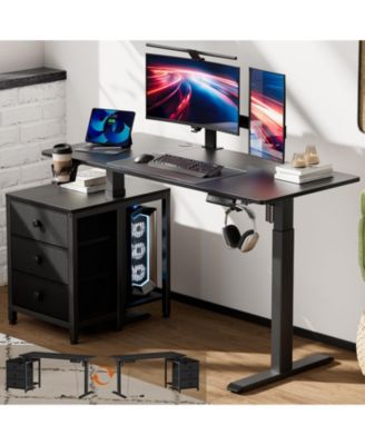 47x24" Sit-Stand Desk Height Adjustable Computer Desk with 2 Hooks, Storage Drawers, Printer Cabinet, Brown