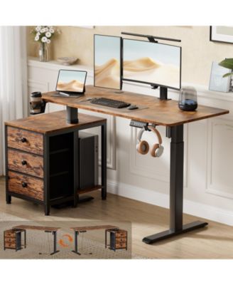 47x24" Sit-Stand Desk Height Adjustable Computer Desk with 2 Hooks, Storage Drawers, Printer Cabinet, White
