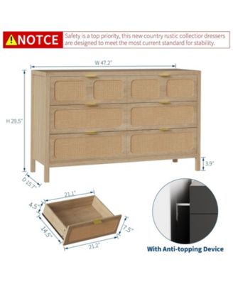 6-Drawer Dresser, Rattan Storage Chest with Metal Handles & Wood Legs for Bedroom, Beige