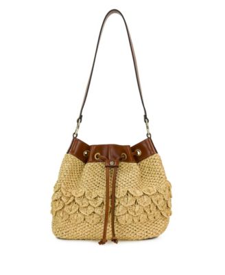 Scalloped Raffia Small Belamy Drawstring Handbag