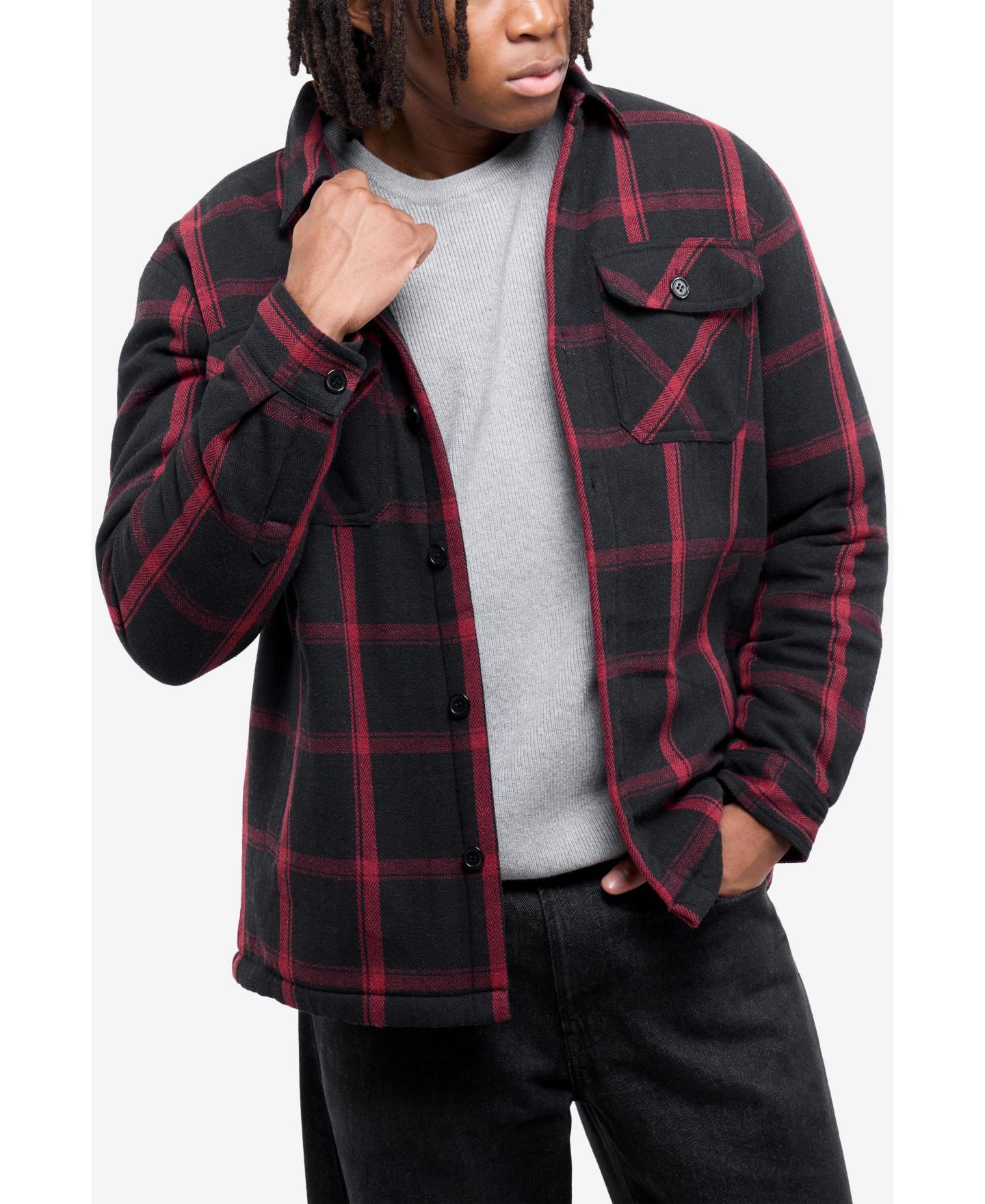 Мужская куртка XRAY Cotton Plaid Flannel Button-Up Shirt Jacket With Faux Shearling Lining, цвет: Чёрный / Бордовый — фото 4
