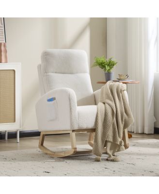  Modern Accent Rocking Chair with Solid Wood Legs and Side Pocket (White, teddy