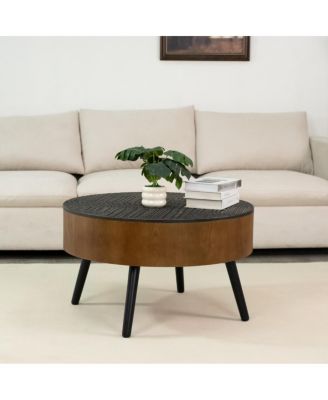 31.5" Round Carved Coffee Table with Storage - Mid-Century Modern (Brown/Black