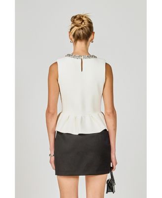 Women's Jewel Trim Neck Peplum Knit Top