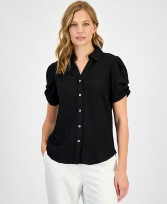 Women's Textured Collared Button-Front Blouse, Regular & Petite