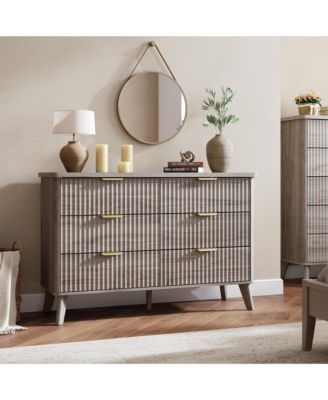 Fluted Dresser for Bedroom, 6 Deep Drawer Modern Wood Storage Chest, Grey