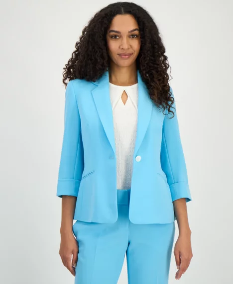 Women's Cuffed-Sleeve One-Button Blazer, Regular & Petite - Aqua Oasis