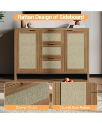 47" Rattan Buffet Sideboard Cabinet, Boho Credenza with Drawers and Doors for Living Room, Brown