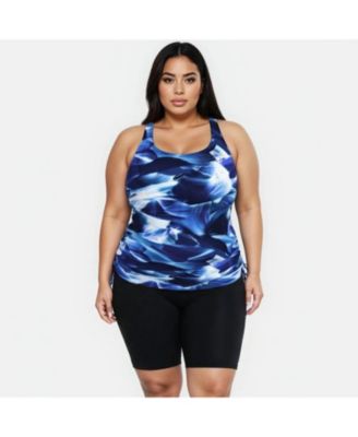 Women's Plus Size Maya Tankini Swim Top With Built-In Bra and Black Long Bike Swim Shorts