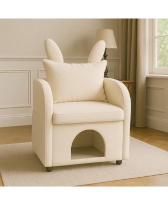 Bunny-Ear Pet-Friendly Armchair Sofa Chair with Side Pocket, Scratch-Resistant Fabric, Built-in Cat & Dog Hideaway