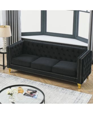  Velvet Sofa for Living Room, Tufted Square Arm Couch, Modern Upholstered Button & Metal Legs