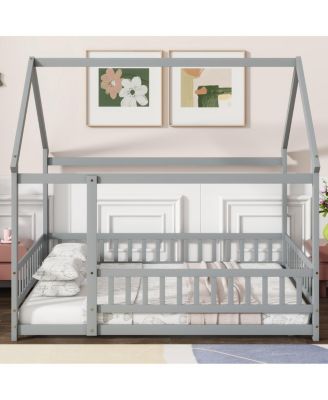 Full Size House Floor Wooden Bed with Roof Frame, Safety Guardrails