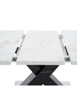 Modern Rectangle Dining Table, Stretchable, Marble Top, X-Shape Leg