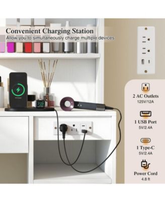 Vanity Desk Set with Mirror & Lights Power Outlet Cushioned Stool