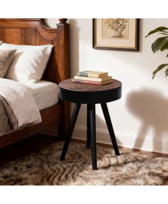 Round Coffee Table with Carved Top, Small Accent Nightstand