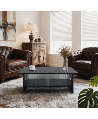 Rectangular Modern Minimalist Coffee Table with Sliding Glass Door Storage