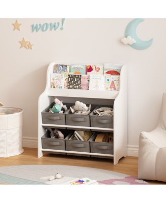 Kids Bookshelf with 6 Fabric Bins, Multi-Functional Bookcase & Toy Organizer - White/Gray