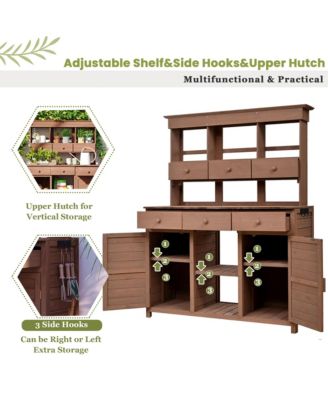Garden Potting Bench Table with Hutch, Patio Storage Workstation