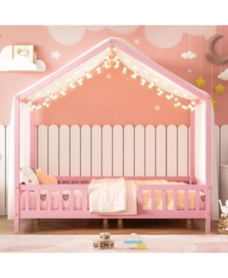 Montessori Floor Bed with Canopy, Full Size House Shape Toddler Bed Frame