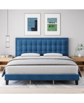 Bed Frame with Upholstered Button Tufted Headboard - Blue Bed Frame with Wood Slat Support, No Box Spring Needed - Sturdy Metal Foundation
