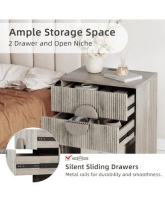 Nightstand Set of 2 with Charging Station, Fluted 2-Drawer End Tables with Open Storage for Bedroom, Grey