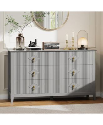 54" Wide Fluted Dresser, 6 Drawer Modern Wood Storage Chest for Bedroom or Entryway, Grey