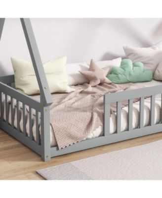 Twin Tent-shaped Floor Bed, Teepee Bed with Guardrails, Slats