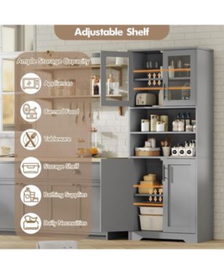67" Tall Storage Cabinet, Freestanding Bathroom Cabinet with Glass Doors and Adjustable Shelves, Kitchen Pantry, Grey
